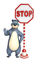 fun Bear cartoon character  with stop board