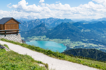 view from the Schafberg mountaintop on a sunny day, Austrian Alps, lake Wolfgangsee, St. Wolfgang, Austria