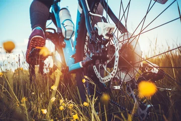 Crédence de cuisine en verre imprimé Vélo cyclist riding mountain bike on the meadow