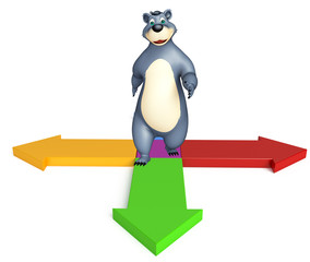 Bear cartoon character with arrow sign