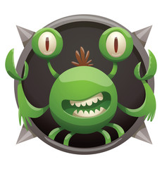 Vector image of a round black frame with spikes. Cartoon green monster in the center of frame. Frame with funny monster. Cartoon monster with two big eyes, two arms-claws, four legs and mouth.