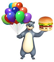 cute Bear cartoon character with burger and balloon
