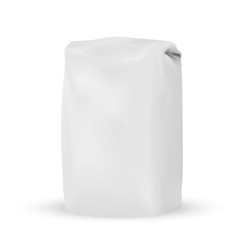 VECTOR PACKAGING: Blank white gray packaging bag for bulk products, salt, tea, coffee, spices on isolated white background. Mock-up template ready for design