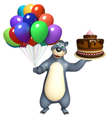 Bear cartoon character with balloon and cake