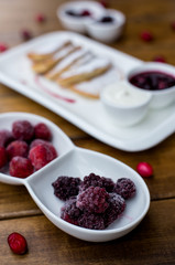 Delicious pancakes with raspberries. Sprinkled with powdered sugar.