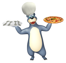 fun Bear cartoon character with pizza dinner plate and chef hat