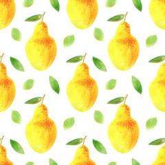 Seamless pattern with pears and leaves.Food picture.Watercolor hand drawn illustration.