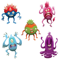 Vector set of funny cartoon monsters. Various monsters of different colors on a white background. Cartoon different monsters. Set of monsters. Vector cartoon monsters. Vector illustration.