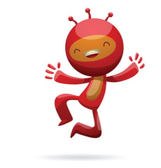 Obraz premium Vector cartoon image of funny little red creature. Funny little creature with three antennas on his head. Creature with two arms and legs. Funny creature jumping and smiling. Vector illustration.