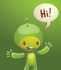 Vector cartoon image of funny little green creature. Funny little creature with a small antenna on his head. Creature with two arms and legs. Funny creature standing and smiling on a green background.