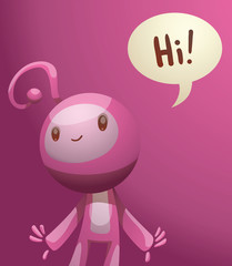 Vector cartoon image of funny little pink creature. Funny little creature with a long antenna on his head. Creature with two arms and legs. Funny creature standing and smiling on a pink background.