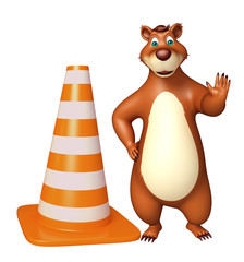 fun Bear cartoon character  with construstion cone