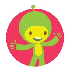 Vector image of a round pink frame with cartoon image of funny little green creature with a small antenna on his head in the center on a white background. Positive character. Made in a flat style.