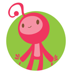 Vector image of a round green frame with cartoon image of funny little pink creature with a long antenna on his head in the center on a white background. Positive character. Made in a flat style.