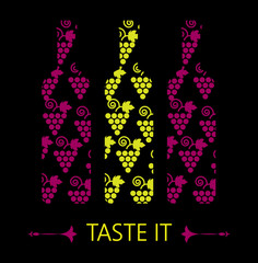 Red and white wine tasting card, grapes in shape of red and yellow bottle over a black background with water color. Digital vector image.