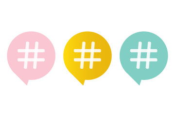 Cute pink, mint green and gold hashtag symbol in speech bubble isolated on white background.