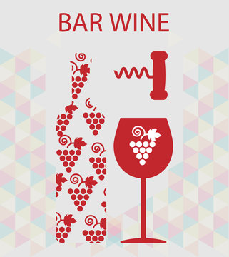 Red wine and tasting card, bottle with glass and corkscrew over silver background. Digital vector image.