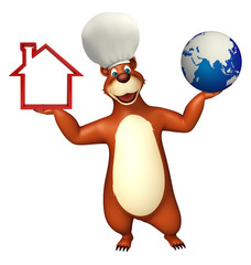 Bear cartoon character with earth and home sign