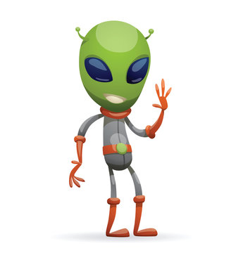 Vector cartoon image of funny green alien with big eyes and a small antennas on his head in gray-orange spacesuit, standing and waving his left hand on a white background. Vector illustration.