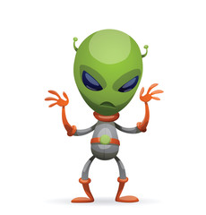 Vector cartoon image of funny green alien with big eyes and a small antennas on his head in gray-orange spacesuit, standing and frightening someone on a white background. Vector illustration.