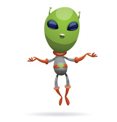 Vector cartoon image of funny green alien with big eyes and a small antennas on his his head in gray-orange spacesuit, smiling and soaring on a white background. Vector illustration.