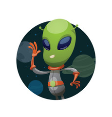 Vector image of a dark space round frame with planets. Frame with funny green alien in the center in gray-orange spacesuit waving his right hand.