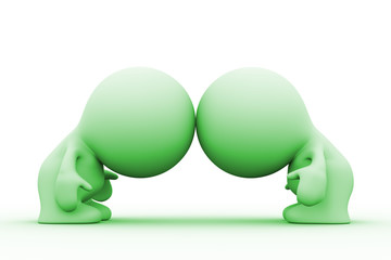 two green human characters with their heads together
