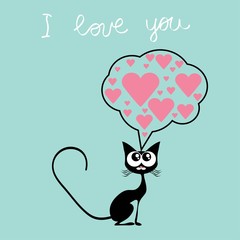 Valentines day card cat and bird vector illustration