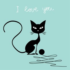 Valentines day card cat and bird vector illustration