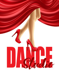 Poster for the dance studio with female legs in red shoes and skirt billowing. Vector illustration