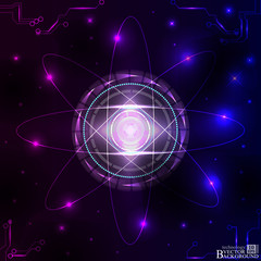 Blue Shining atom scheme. Vector illustration. dark background.