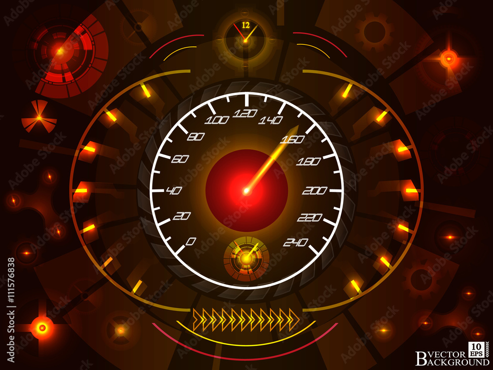 Poster abstract car speedomete on red color background. vector