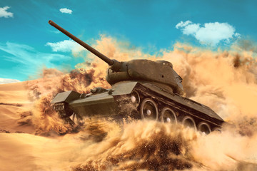 Fototapeta premium Battle Tank is moving in the desert