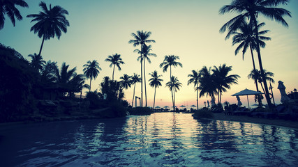 Naklejka na ściany i meble Twilight on a tropical coast with silhouette palm trees.