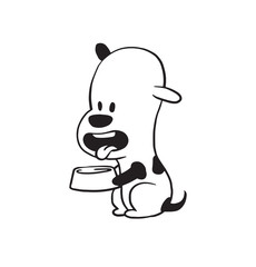 Vector cartoon image of a funny little dog black-white colors begging food with a bowl in his paws on a white background. Made in monochrome style. Positive character. Vector illustration.