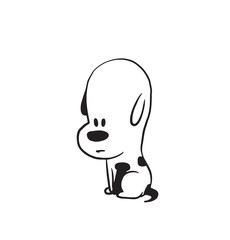 Obraz premium Vector cartoon image of a funny little dog black-white colors sitting sadly on a white background. Made in monochrome style. Positive character. Vector illustration.
