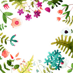 Fototapeta premium Postcard with an ornament of the watercolor spring flowers.