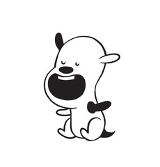 Vector cartoon image of a funny little dog black-white colors sitting with his mouth open on a white background. Made in monochrome style. Positive character. Vector illustration.