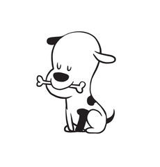Vector cartoon image of a funny little dog black-white colors with a bone in his mouth on a white background. Made in monochrome style. Positive character. Vector illustration.