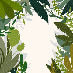 Tropical jungle background with palm trees and leaves in cartoon style. Vector illustration