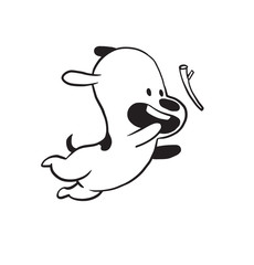 Vector cartoon image of a funny little dog black-white colors jumping for a stick on a white background. Made in monochrome style. Positive character. Vector illustration.
