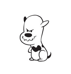 Vector cartoon image of a funny little dog black-white colors plotting something tricky on a white background. Made in monochrome style. Positive character. Vector illustration.