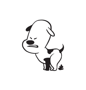 Vector cartoon image of a funny little dog black-white colors pooping on a white background. Made in monochrome style. Positive character. Vector illustration.