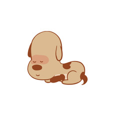 Vector cartoon image of a funny little dog light brown color lying and sleeping on a white background. Color image with a brown tracings. Puppy. Positive character. Vector illustration.