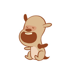 Vector cartoon image of a funny little dog, light brown color, sitting with his mouth open on a white background. Color image with a brown tracings. Puppy. Positive character. Vector illustration.
