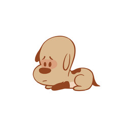 Vector cartoon image of a funny little dog light brown color laying sad on a white background. Color image with a brown tracings. Puppy. Positive character. Vector illustration.