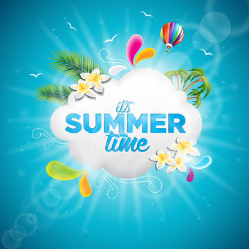 Vector It's Summer Time Holiday typographic illustration with tropical plants, flower and hot air balloon on blue background.
