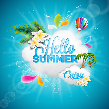 Vector Hello Summer Holiday typographic illustration with tropical plants, flower and hot air balloon on blue background.