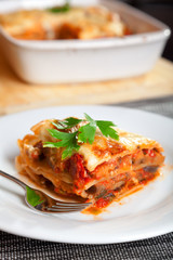 Typical italian lasagne served in a plate, one portion in front, baking dish blurred in the background