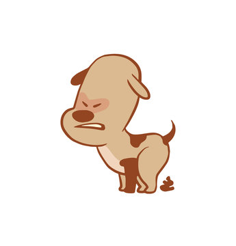 Vector cartoon image of a funny little dog light brown color pooping on a white background. Color image with a brown tracings. Puppy. Positive character. Vector illustration.